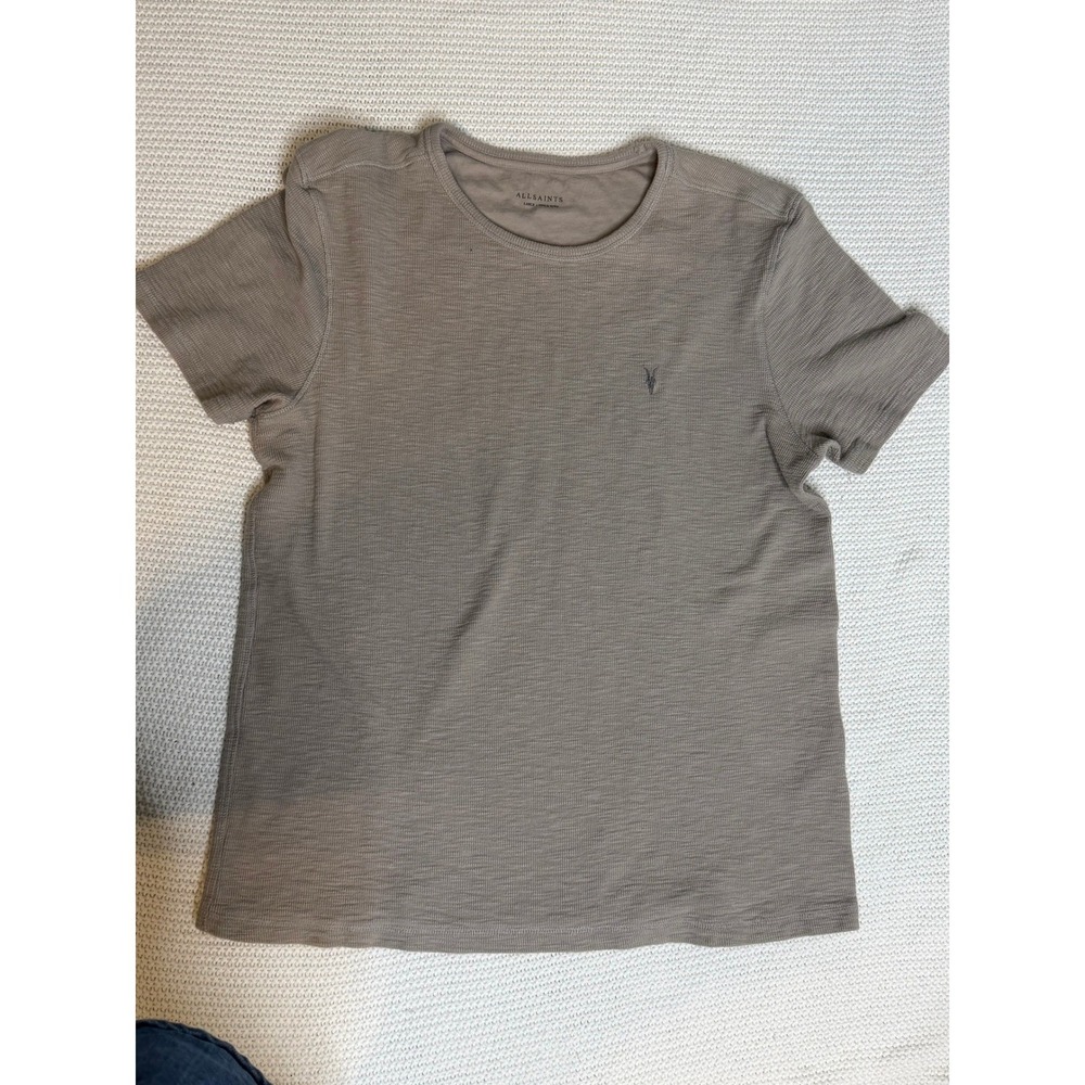 AllSaints Mens Large Brown Slub Waffle Ramskull Logo Short Sleeve T-Shirt